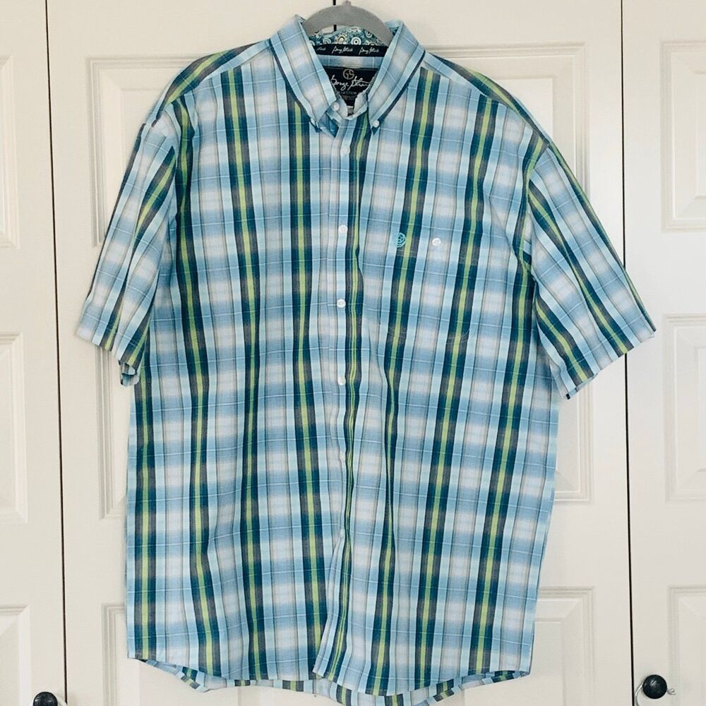 George Straight Wrangler Men’s Shirt Sleeve Button Down Blue/Green/Gray Plaid XL